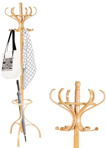 HOMASIS 182cm Kleiderständer, Garderobenständer mit 12 drehbaren Haken & Schirmständer, Jackenständer Garderobe aus holz für Mänteln, Hüten & Taschen, Standgarderobe für Schlafzimmer & Flur (Natur)