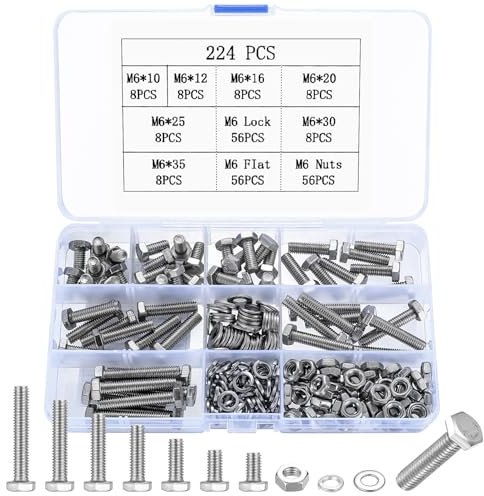 224 Pz M6 Kit di Bulloni e Dadi e Rondelle, Viti Bulloni e Set, Testa a Esagonale, Bullone Esagonale con Dadi, Viti a Testa Brugola in Acciaio Inox