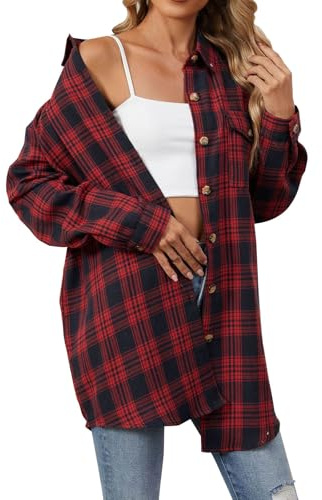 Chemise à carreaux en flanelle boutonnée à manches longues pour femme – Veste ample à carreaux surdimensionnée avec poches – Cardigan en polaire à revers – Vestes baggy décontractées pour petit ami –