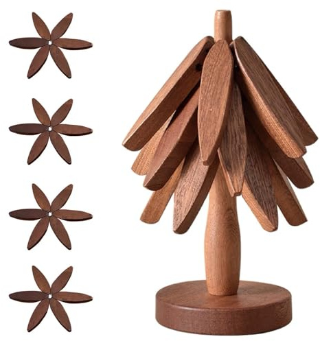 sous Plat en Bois, Dessous de Plat, Plat Pliable en Forme d'arbre, Dessous de Plat pour Plats Chauds, Protection Casseroles et Protège-poêle (Marron-4)