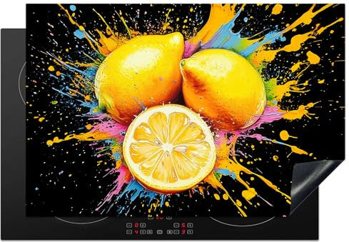 KitchenYeah© Herdabdeckplatte 78x52 cm Einteilig Induktionsmatte Küche Abdeckung Ceranfeld Herd Abdeckplatte Deko Vinyl Matte Aufrollbar Zitrone - Graffiti - Farbenfroh - Farbe - Modern