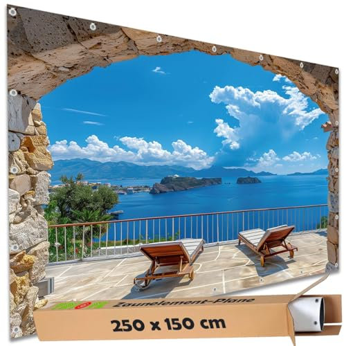 TRIOSK Sichtschutz Garten Deko Zaun Plane Blickdicht groß mit Zaunblende Motiv Mauer Tor Balkon Meer Blick für Balkon Terrasse Zaunelement Doppelstabmatten Gartenzaun PVC 250x150 cm