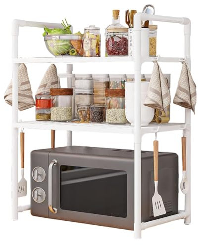 zjhukfmc Organizador de encimera, soporte para microondas con ganchos, soporte para microondas con almacenamiento sobre estante de microondas, organizador de cocina de metal de 2/3 niveles, estante de