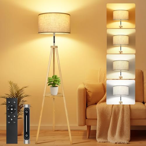 OUTON Solid Wooden Tripod Floor Lamp, Touch Control, Standing Lamp with Remote Control, Dimmable & 4 Color Temperatures, 1H Timer, Floor Lamp with Storage Shelf Linen Shade for Living Room Bedroom