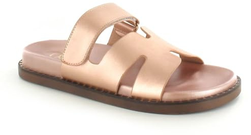 ella Ladies Comfort Slide Sandals, Adjustable Strap, Cut-Out Design, Available in Black, Tan, Rose Gold