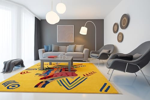 Rugeast Nepal Teppich 242x170 cm | Handgeknüpft Wolle & Seide auf Baumwolle | Gelb Braun Modern Abstrakt Design | Wohnzimmer Schlafzimmer Gästezimmer Arbeitszimmer