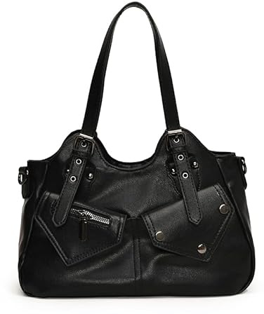 Generisch Generish Handtasche Damen,Weiches Leder Tote Hobo Bag Groß Shopper Tasche Uni Tasche Vintage Bag Braun Slouchy UmhäNgetasche Arbeitstasche für Schule Reisen (01-Schwarz)
