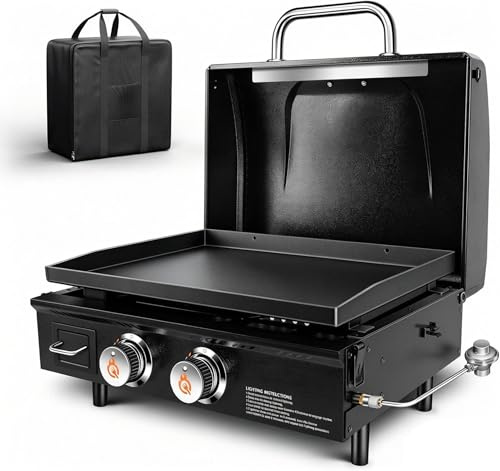 GFTIME Barbecue de table à gaz Griddle 2 brûleurs avec capot - Plancha à gaz avec dessus plat - Griddle - Barbecue au propane avec sac de transport - 22 - 48 000 BTU - Plaque de cuisson antiadhésive