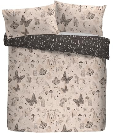 Fusion Duvet Cover Set, 52% Recycled Polyester 48% Cotton, Double Size 200x200cm, Grey, Hand Drawn Print with Celestial Pattern, Reversible