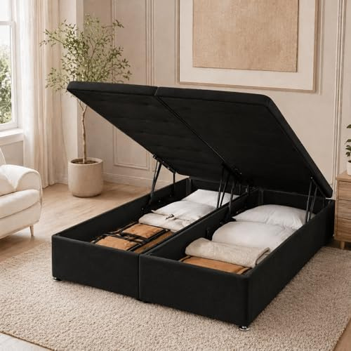 HB-1 Ottoman Storage Bed - Luxury Divan Double Bed Frame - Soft Plush Velvet Gas Lift Up Divan Bed Base, Ottoman Frame with Solid Base and End Lift Bed (Black Plush, Double 4FT6)