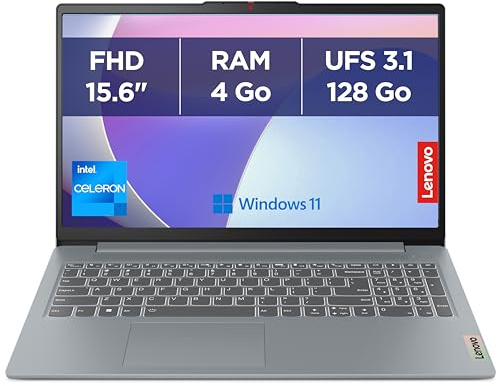 Lenovo IdeaPad Slim 3 15IAN8 - Ordinateur Portable 15.6'' FHD (Intel Celeron N100, RAM 4Go, UFS 3.1 128Go, Intel UHD Graphics, Windows 11 Home en Mode S) Clavier AZERTY Français - Gris