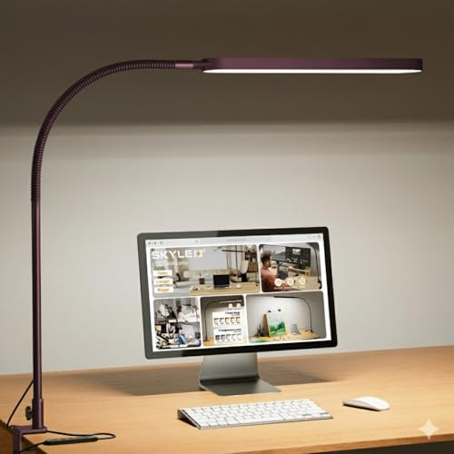 SKYLEO Schreibtischlampe LED – Schreibtisch Lampe Flexibler Schwanenhals – 5 Farbmodi x 11 Helligkeitsstufen – 1300LM – Timmer und Speicherfunktion – 12W Desk Lamp – Rot