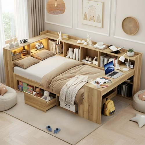 RIAZOS Kinderbett 90x200 cm, Einzelbett mit Regalen und Staufach, Holz-Plattformbett mit Schreibtisch, Jugendbett mit Schublade, Stauraumbett mit LED USB, Natur, ohne Matratze