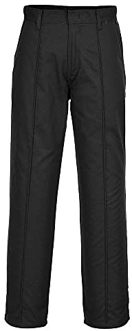 Portwest 2885 Preston Trousers Sewn in Front Centre Seam Button Closure | Black, 28 Waist, UPF 40+, Straight Fit, 35% Cotton, Polyester Blend, 2 Side Pockets, Durable, Belt Loops, Zip Fly, Workwear