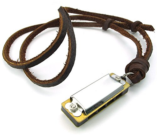 KONOV Jewellery Herren Damen Mundharmonika Modell Anhänger verstellbare Leder Kordel Halskette & Kette, Farbe Braun (mit Geschenk Tüte)