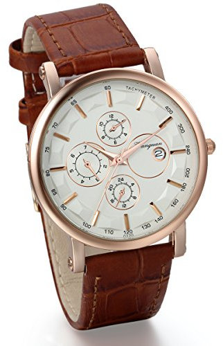 JewelryWe Herren Freundschafts Armbanduhr, Business Casual Kalender Analog Quarz Uhr für Lieben Valentinstag Paar Paare Geschenk, Braun Leder Armband & Rose Gold Uhrgehäuse