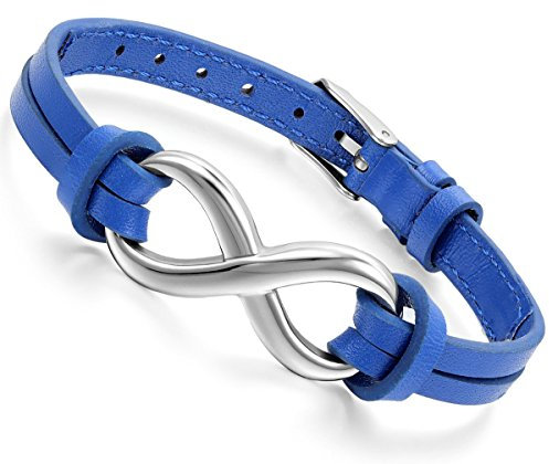 Flongo Lederarmband, Edelstahl Leder Echtleder Armband Armreifen Blau Infinity Unendlichkeit Zeichen Symbol Lieben Charm Charme Elegant Einstellbar Verstellbaren Passen Passend 7~9 Zoll Herren,Damen