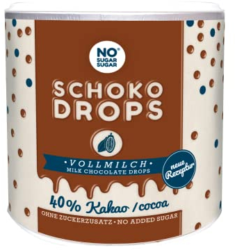 NO SUGAR SUGAR Vollmilch Schokoladendrops mit 39% Kakao Anteil (250g) Hergestellt ohne Zuckerzusatz, gesüßt mit Erythrit und Stevia