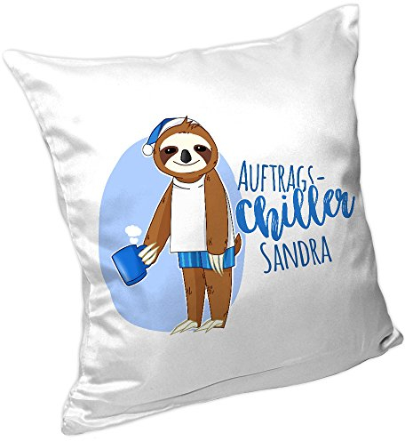 Eurofoto Kissen mit Namen - Auftrags-Chiller Sandra - und Motiv mit Faultier für Mädchen | Namenskissen personalisiert | Kuschelkissen | Schmusekissen