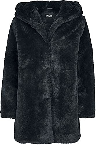 Urban Classics Ladies Hooded Teddy Coat aus Fake Kaninchenfell, Damen Mantel mit Kapuze und Seitentaschen, black, XS