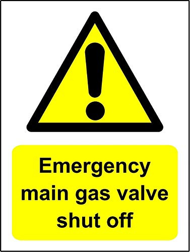 Emergency main gas valve shut off Safety sign - Self adhesive sticker 300mm x 200mm