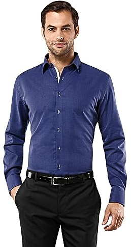 Vincenzo Boretti Herren Hemd bügelfrei 100% Baumwolle Slim-fit Gemustert dunkelblau 39-40