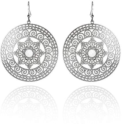 namana Große Mandala-Ohrringe, gebürstetes Finish große Ohrhänger für Frauen, Heilige Geometrie, Große runde Statement Ohrringe für Damen und Mädchen (Perlmutt/Silber)