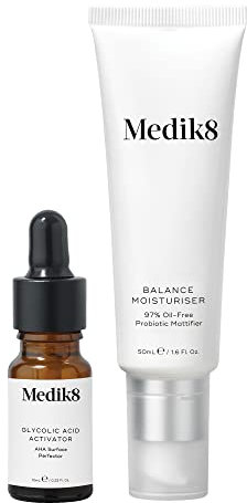 Medik8 Balance Moisturiser & Glykolsäure-Aktivator - 97% fettfreier probiotischer Mattierer mit AHA-Oberflächenperfektionierung - 50ml & 10ml