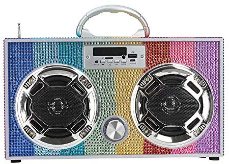 Wireless Express - Mini Boombox avec haut-parleurs LED – Haut-parleur Bluetooth rétro avec radio FM améliorée – Parfait pour la maison et l'extérieur (arc-en-ciel bling)