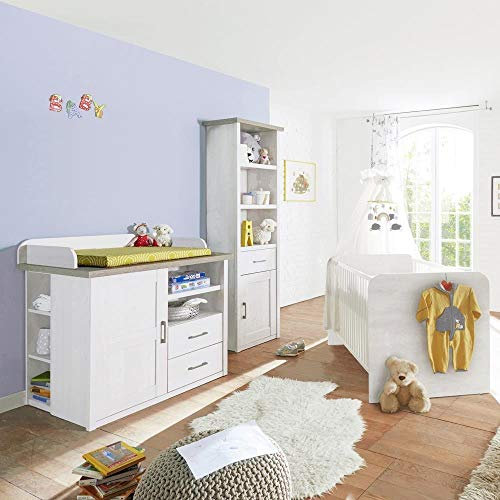 Lomadox Babymöbel 3er-Set im Landhausstil, Pinie weiß Nb./Trüffel Eiche Nb.