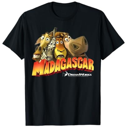 Madagascar Squished Group Shot Classic Movie Logo Maglietta