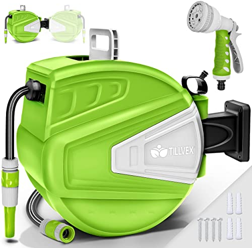 tillvex Schlauchtrommel Wasser 15+2m mit Wandhalterung + Tragegriff | Schlauchaufroller mit Handbrause und Gartenschlauch | 180° Schwenkbar | Wand-Schlauchbox mit Aufroll-Automatik | Grün