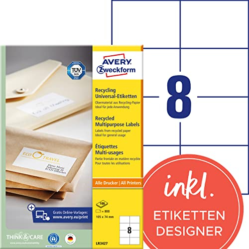 AVERY Zweckform LR3427 Recycling Etiketten (800 Adressaufkleber, 105x74mm auf A4, 100% recyceltes Altpapier, bedruckbare Versandetiketten, selbstklebende Versandaufkleber) 100 Blatt, naturweiß