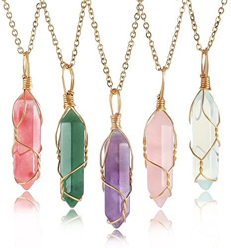 Lezam 5 Pcs Natural Hexagonal Crystal Necklace for Women Reiki Healing Crystals Pendant with Tree Wire Wrapped Gemstone Quartz Stone Pendants Necklaces for Girl, Crystal, Gemstone, Stone, Carnelian