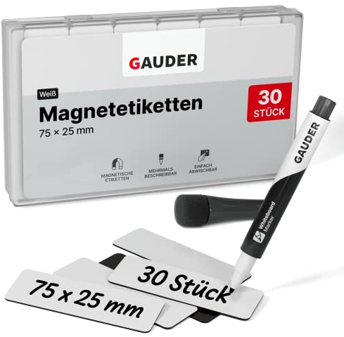 GAUDER Magnetic Labels Writable - Reusable Magnetic Tags for Whiteboard, Blackboard, Kanban Board and Fridge - Magnet Cards with Marker (30 Pieces - 75 x 25 mm)