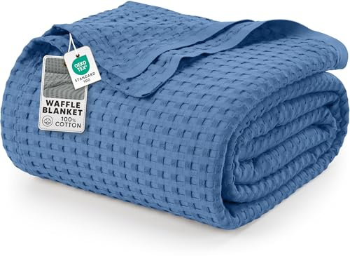 Utopia Bedding Cotton Waffle Blanket 300 GSM (Wedgewood - 228x228 cm) Soft Lightweight Breathable Bed Blanket Big Size Layering Any Bed for All Season