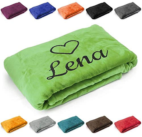 Kuscheldecke 'Herz' mit Name oder Wunschtext bestickt, Geschenk zu Valentinstag, Geburtstag, Hochzeitstag, 200cm x 150cm extra weiche und gemütliche Sofadecke/Wohndecke, hochwertiges Fleece (Hellgrün)