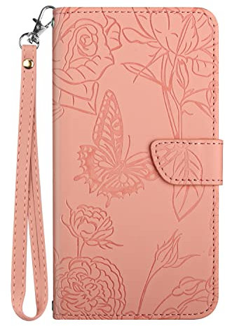 Pochette Téléphone Portable pour Nokia 1.4,Coque Motif Papillon et Fleur Gaufrage,Étui Bourse Douce Cuir Pliant Antichoc Housse avec Fente Photo et Stand,Rose Clair