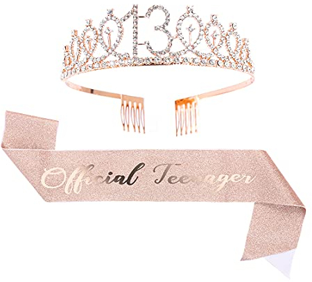 Topfunyy Tiara und Schärpe Set zum 13. Geburtstag – Teenager Schärpe Rose Gold Kristall Krone Geburtstag Geschenk für Mädchen 13. Geburtstag Party Supplies