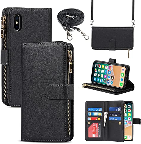 Cavor Coque Compatible avec iPhone X/XS Etui avec Cordon,Flip Portefeuille Étui Cuir,[9 Porte Cartes][Double Boucle],Protection Housse Etui Compatible avec iPhone X/XS/10 - Noir