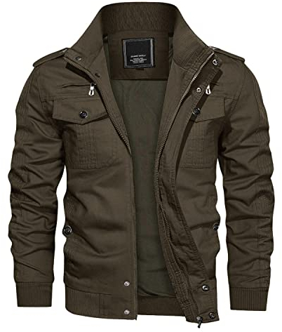 KEFITEVD Blouson d’aviateur, à col montant, convient aux hommes, léger et coupe-vent, pour mi-saison, automne et hiver, en coton, style militaire/bomber/cargo, café, XL