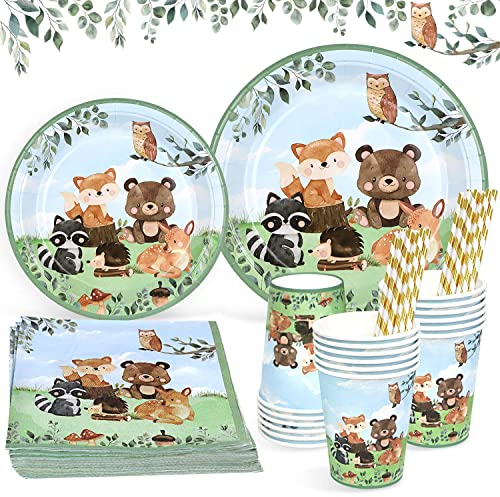 Heboland Woodland Party Decorations Plates for 25 Guests, 125Pcs Woodland Baby Shower Plates Cups and Napkins Forest Theme Tableware Animal First Birthday Decorations for Boys Girls Party Supplies