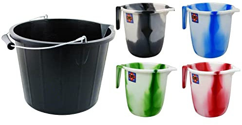 1x Assorted Colour Tie Dye Design 1.5 Litre Plastic Water Jug Hair Washing Jug Mixing Mug With 1x Black Plastic Strong Builders Bucket 3 Gallon Bucket 14L Car Wash Bucket For Garden Cleaning Kitchen