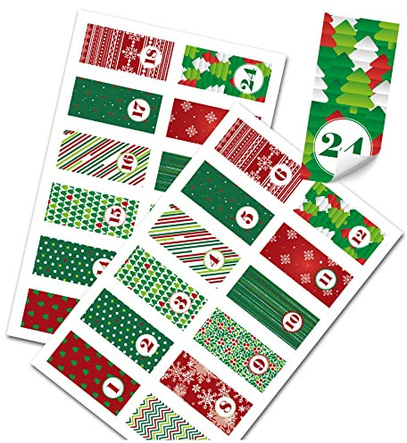 Yabaduu DIY Adventskalender Zahlen zum Aufkleben Nummern 1-24 Selbstklebende Sticker für Weihnachten Weihnachtskalender Selber Basteln Y048 (23 Rot grün Streifen)