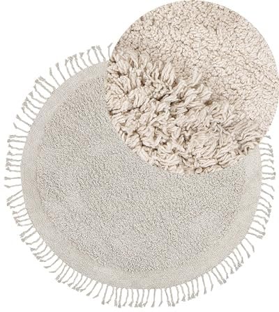 Beliani Teppich Baumwolle helles Beige ⌀ 140 cm mit Fransen Hochflor Shaggy Boho Bitlis