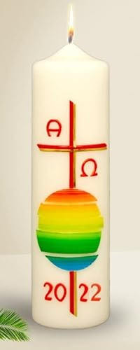 Kopschitz Kerzen Osterkerze Weltkugel, Kreuz rot/Gold, A und O, Jahreszahl 220 x Ø 60 mm