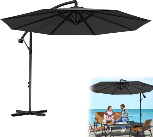 YRHome Parasol déporté Ø 300/350 cm avec manivelle Parasol de jardin, protection solaire UV50+, inclinable, parasol de marché, imperméable, toile imperméable, Anthracite sans LED, 3,5m