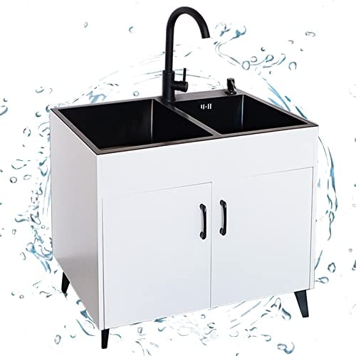 Komplettspüle Spüle mit Unterschrank,Ausgussbecken küchenunterschrank Kitchen Sink küchenspüle Waschbecken Edelstahl Spülbecken Freistehende Spültisch Spülenschrank mit Spüle und Armatur ( Color : Wit