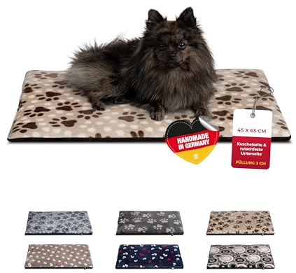 HS-Hundebett® Hundedecke XS (45x65 cm) – rutschfest & gemütlich Dank 3 cm Füllung – Perfekt fürs Sofa, Auto & Hundebox – Pfote Beige, Made in DE