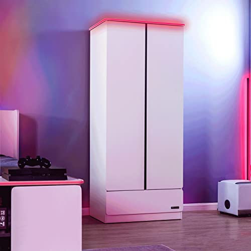 X-Rocker Carbon-Tek 180cm x 80cm, RGB LED 2 Door Wardrobe - Neo Fibre Lighting, Clothes Hanging Rail, Storage Shelf, Bottom Drawer, Durable Wooden Frame for Kids & Teens - White